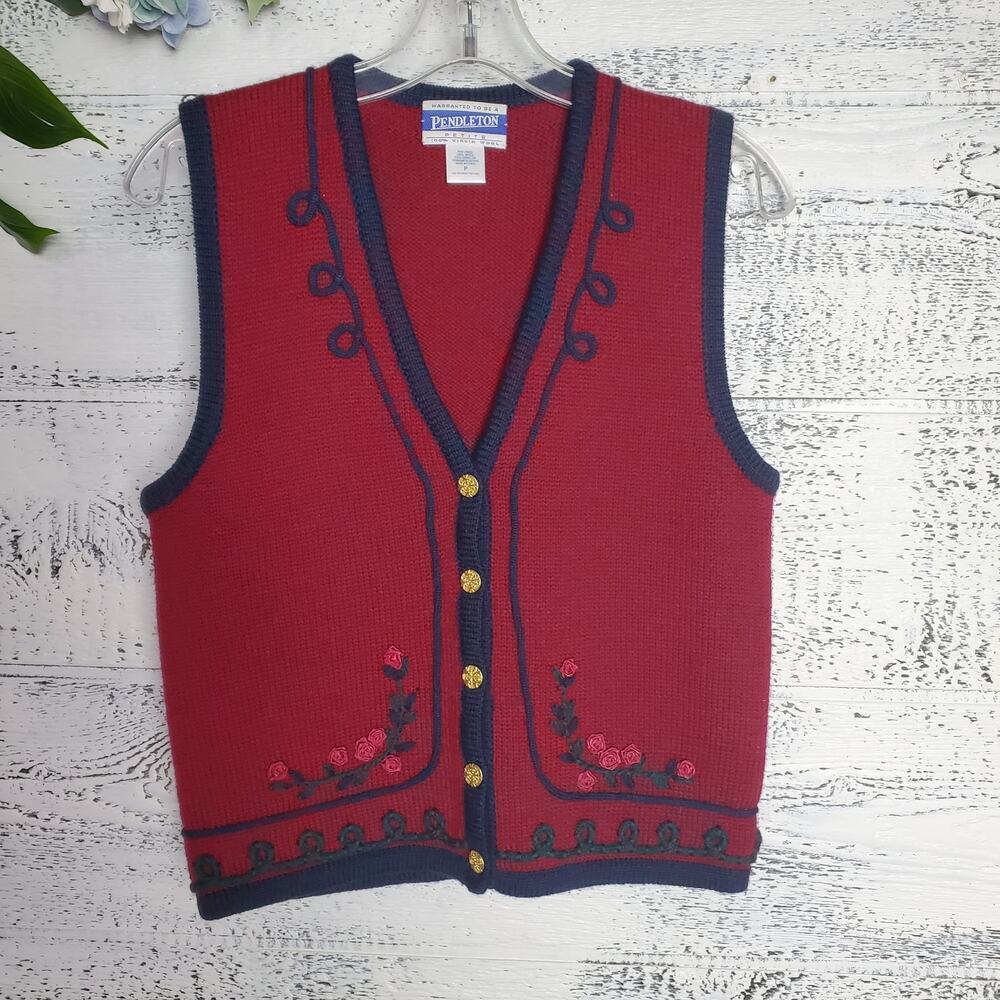 Vintage Pendleton Petite Maroon Knit Embroidered Floral Sweater Vest Sz M
